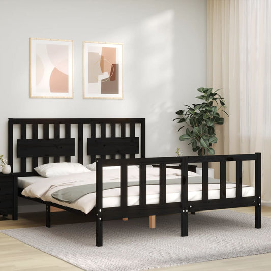 Berkfield Bed Frame with Headboard Black King Size Solid Wood