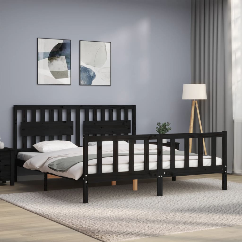 Berkfield Bed Frame with Headboard Black Super King Size Solid Wood