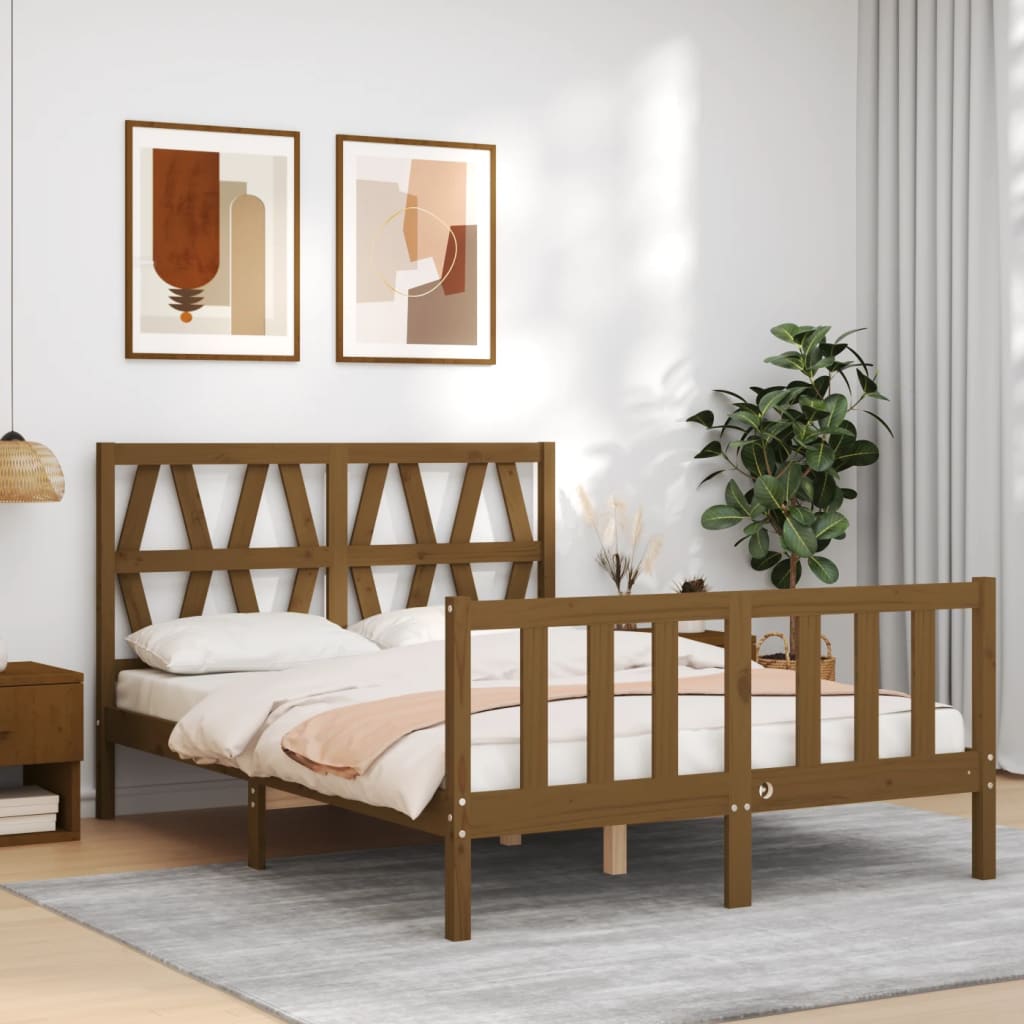 Berkfield Bed Frame with Headboard Honey Brown Double Solid Wood