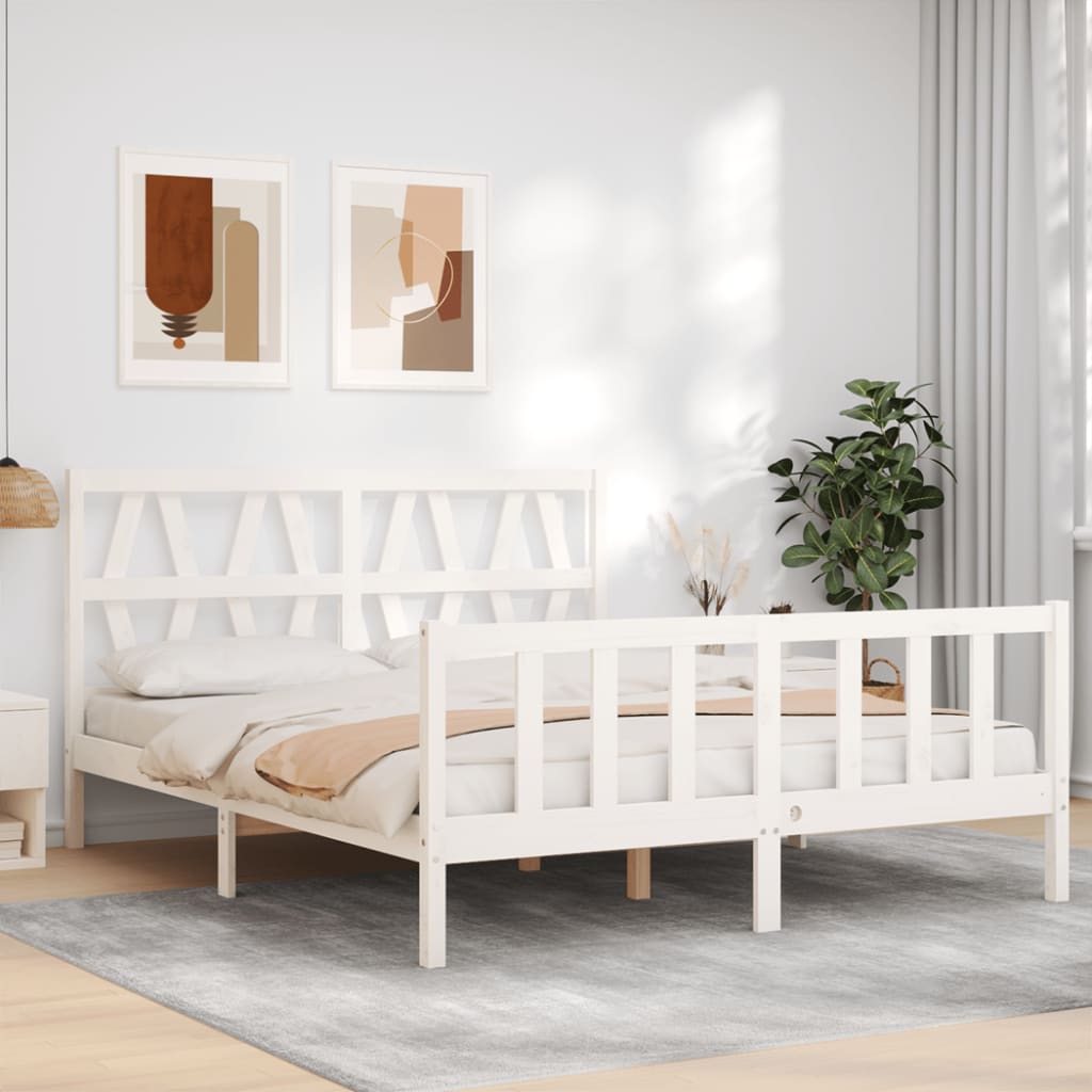 Berkfield Bed Frame with Headboard White King Size Solid Wood