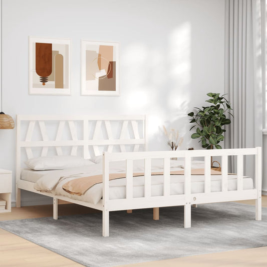 Berkfield Bed Frame with Headboard White King Size Solid Wood
