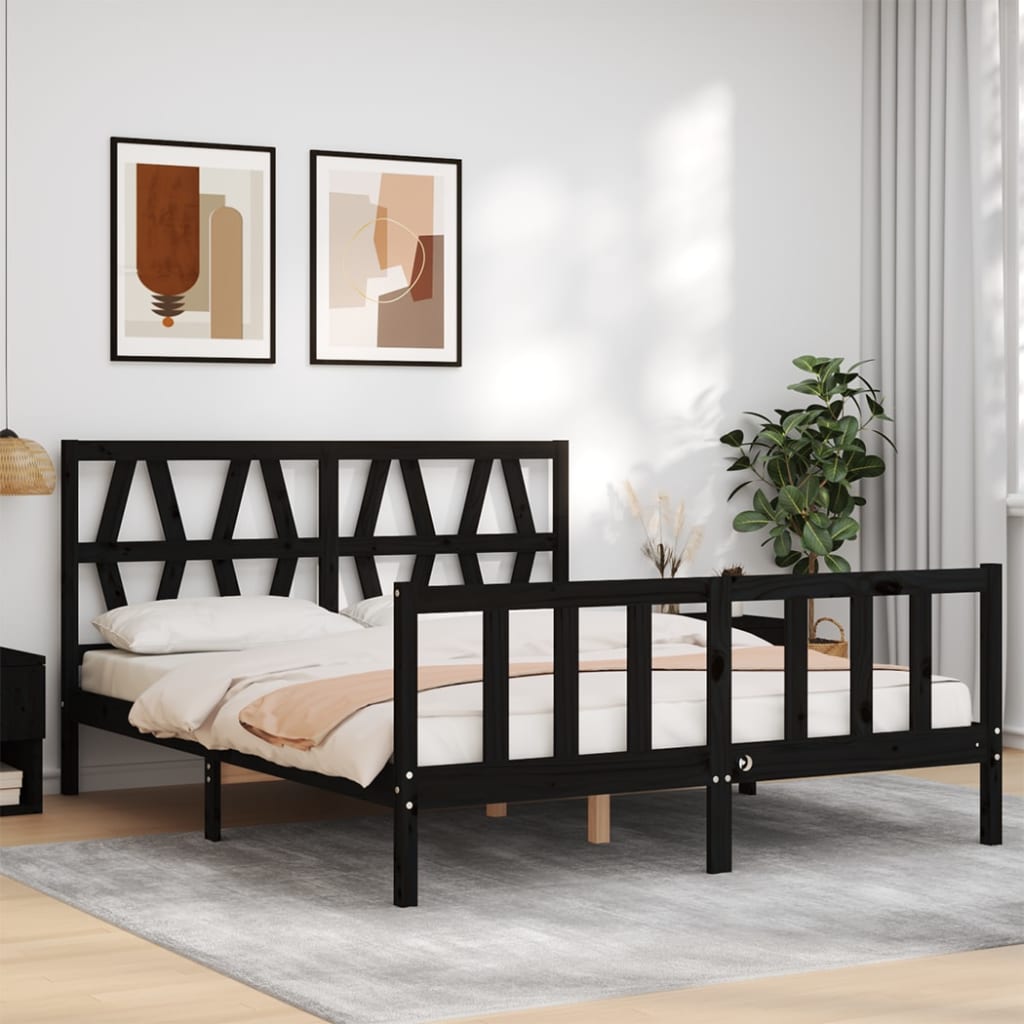 Berkfield Bed Frame with Headboard Black King Size Solid Wood