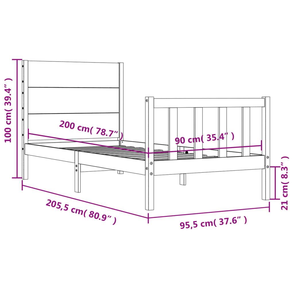 Berkfield Bed Frame with Headboard 90x200 cm Solid Wood