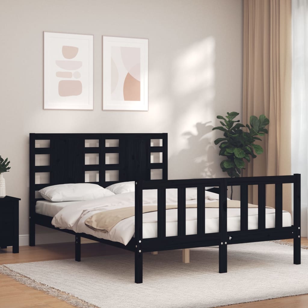 Berkfield Bed Frame with Headboard Black Small Double Solid Wood