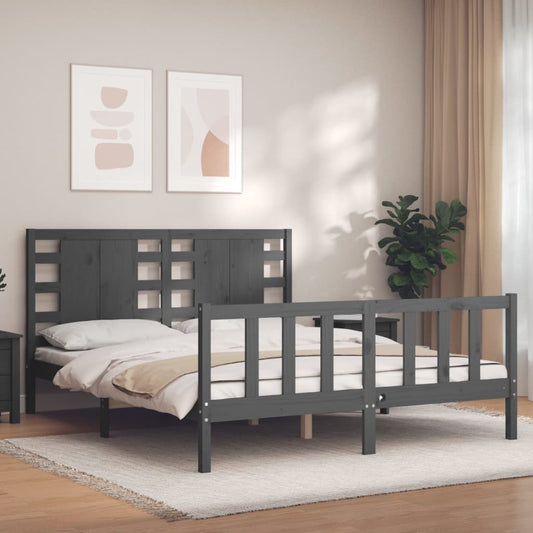 Berkfield Bed Frame with Headboard Grey King Size Solid Wood