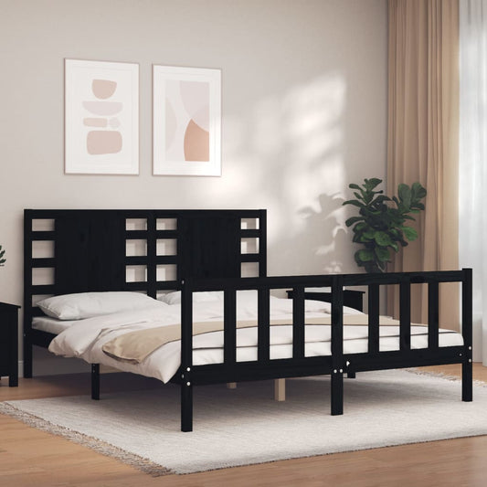 Berkfield Bed Frame with Headboard Black King Size Solid Wood