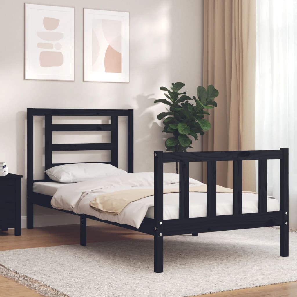 Berkfield Bed Frame with Headboard Black Single Solid Wood