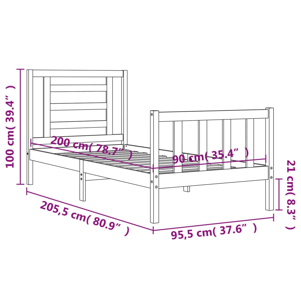 Berkfield Bed Frame with Headboard 90x200 cm Solid Wood