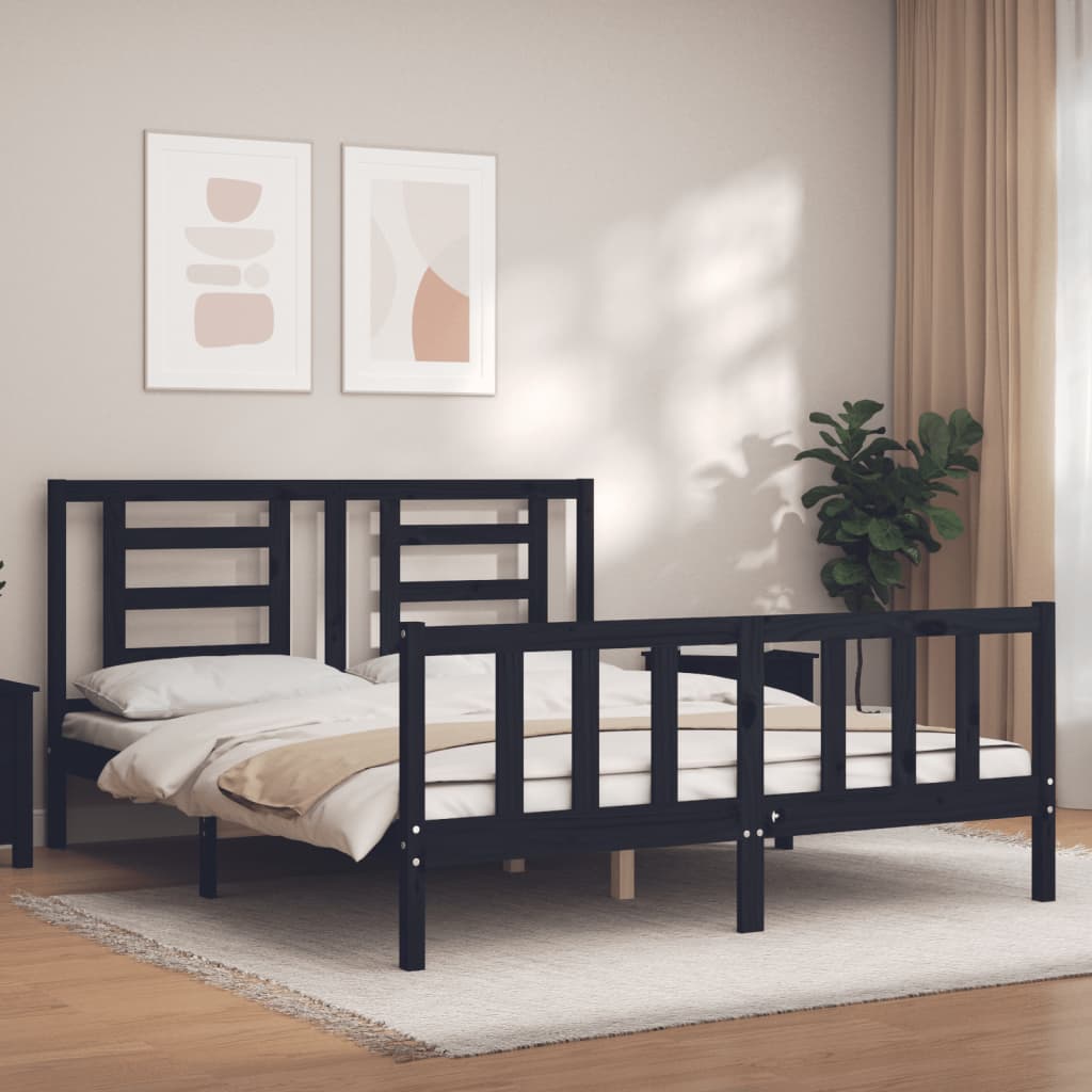 Berkfield Bed Frame with Headboard Black King Size Solid Wood