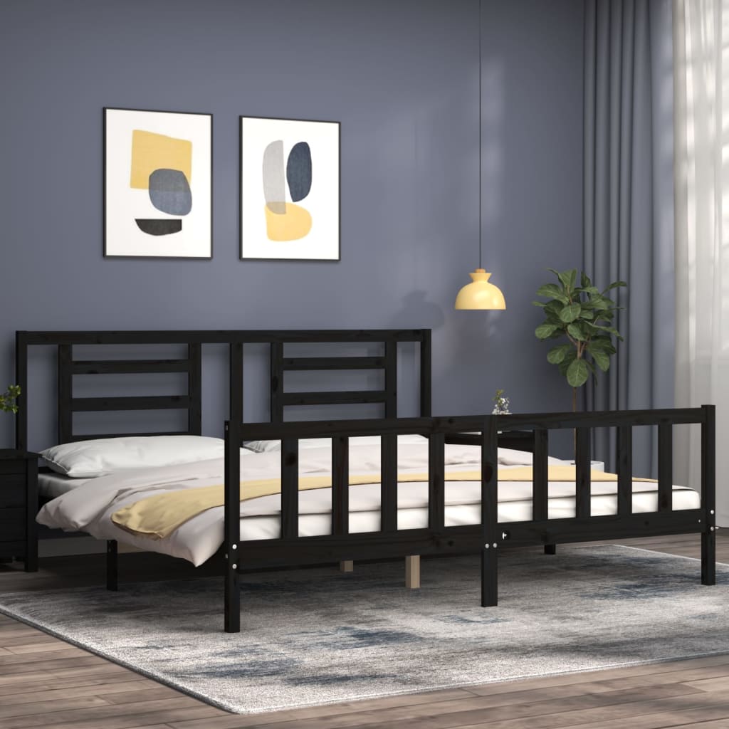 Berkfield Bed Frame with Headboard Black Super King Size Solid Wood