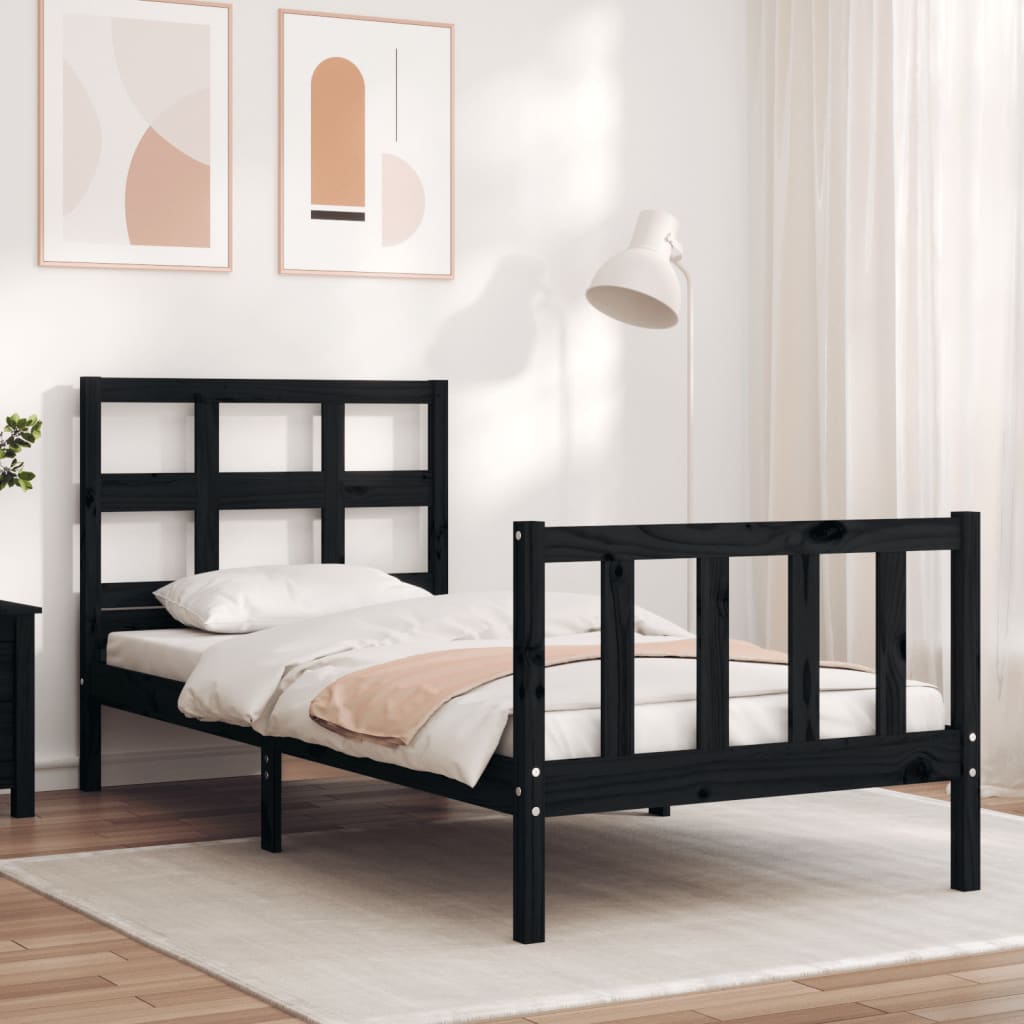 Berkfield Bed Frame with Headboard Black Single Solid Wood