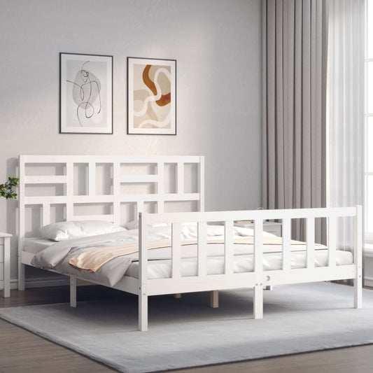 Berkfield Bed Frame with Headboard White King Size Solid Wood