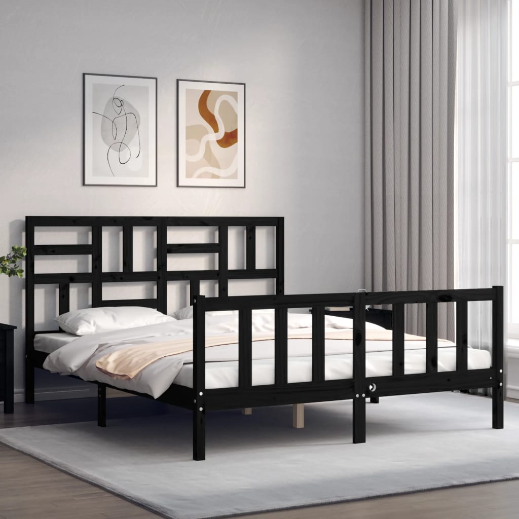 Berkfield Bed Frame with Headboard Black King Size Solid Wood