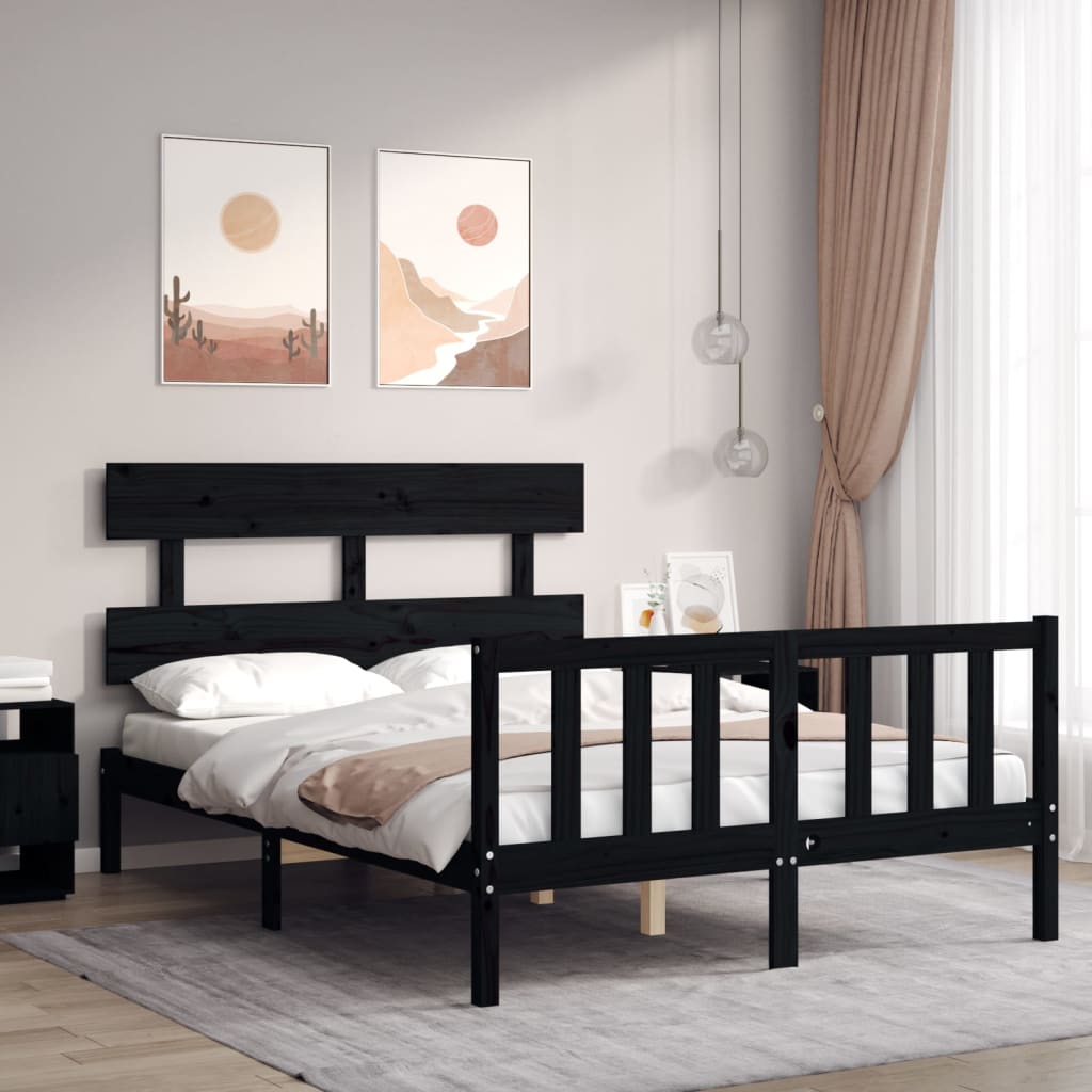 Berkfield Bed Frame with Headboard Black Small Double Solid Wood