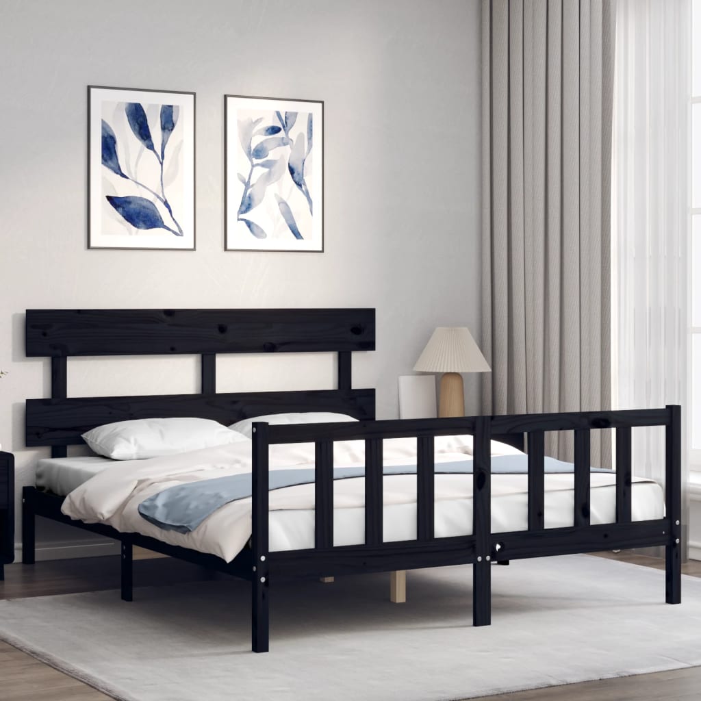 Berkfield Bed Frame with Headboard Black King Size Solid Wood