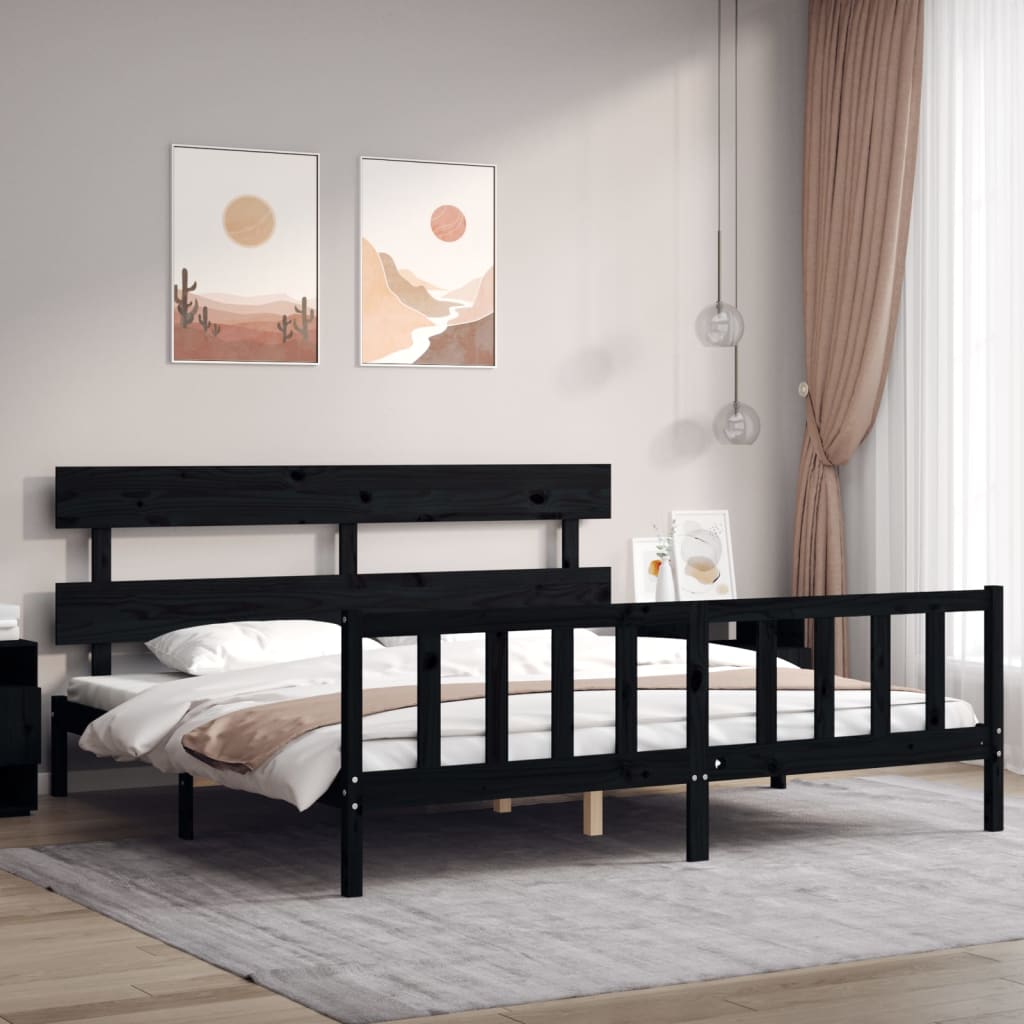 Berkfield Bed Frame with Headboard Black Super King Size Solid Wood