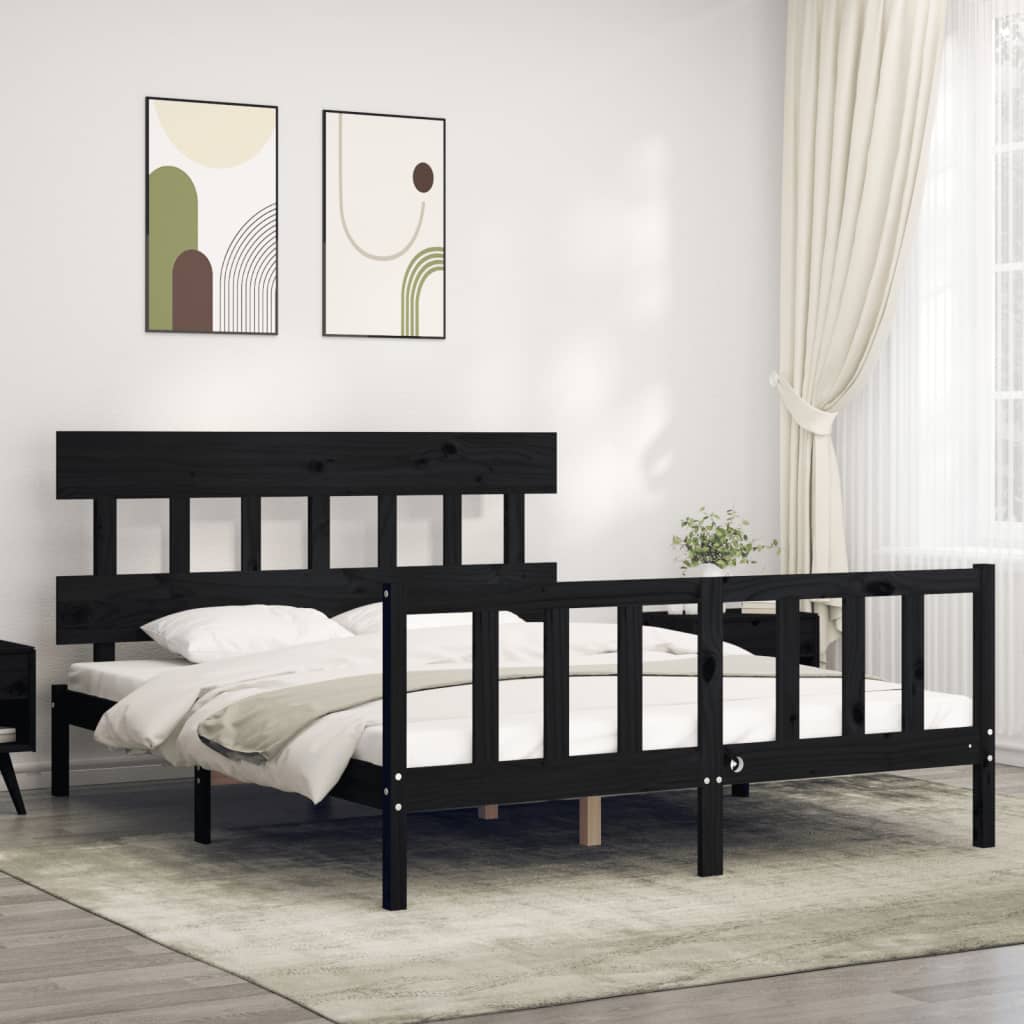 Berkfield Bed Frame with Headboard Black King Size Solid Wood