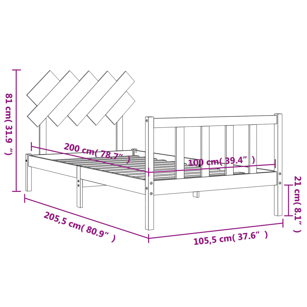 Berkfield Bed Frame with Headboard Black 100x200 cm Solid Wood