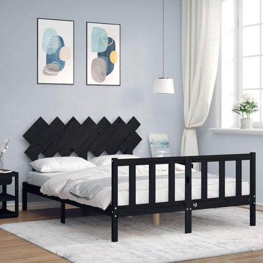 Berkfield Bed Frame with Headboard Black King Size Solid Wood