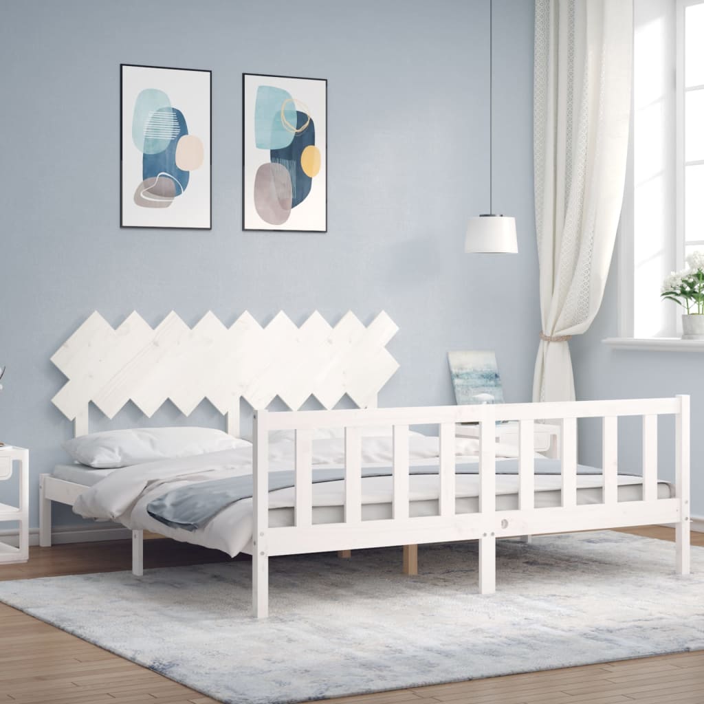 Berkfield Bed Frame with Headboard White Super King Size Solid Wood