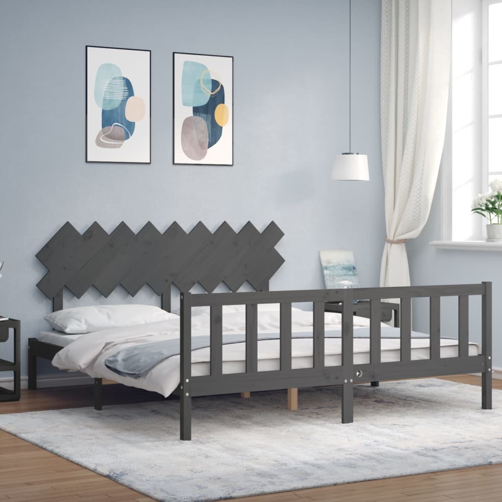 Berkfield Bed Frame with Headboard Grey Super King Size Solid Wood