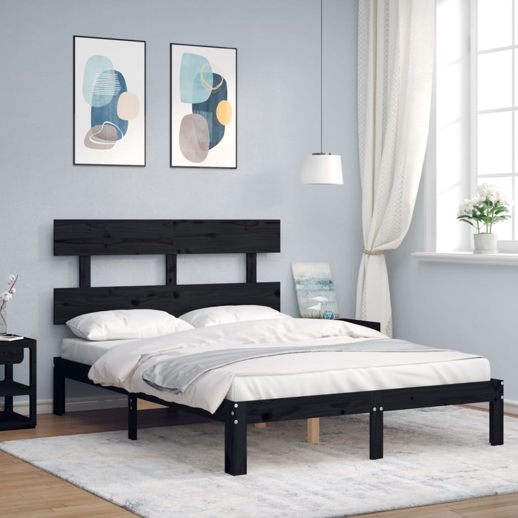 Berkfield Bed Frame with Headboard Black Small Double Solid Wood