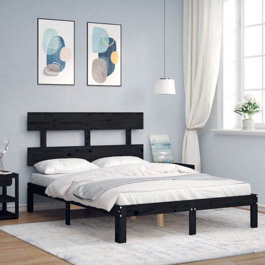 Berkfield Bed Frame with Headboard Black Small Double Solid Wood