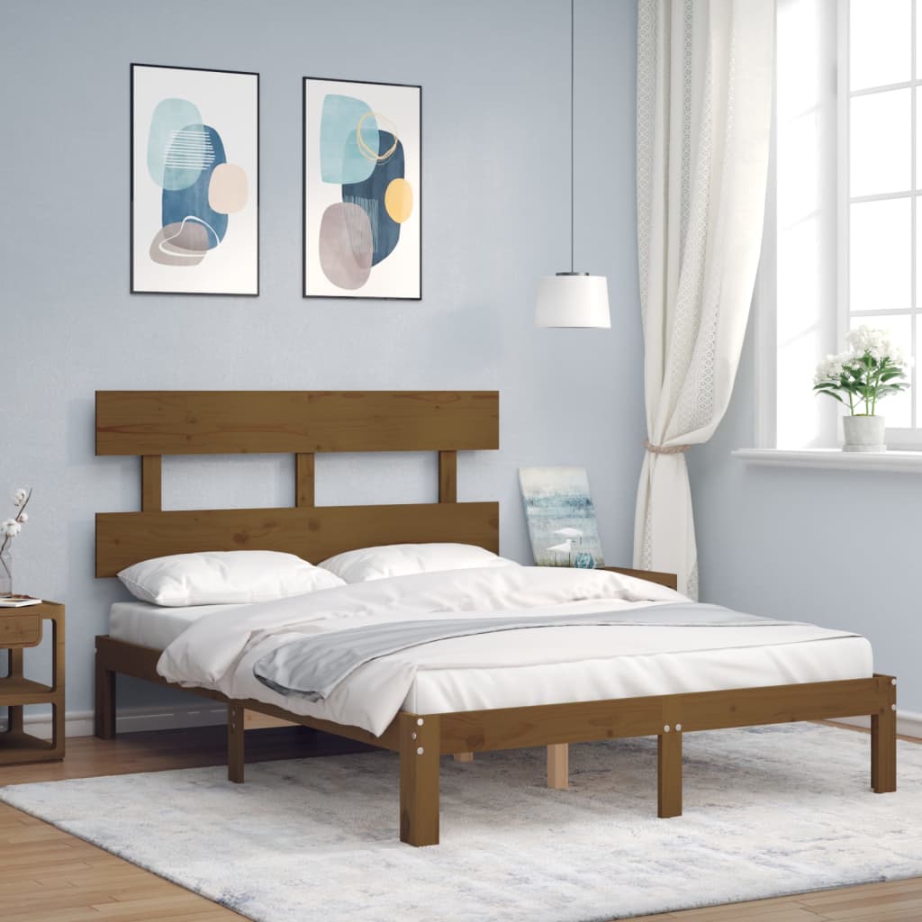 Berkfield Bed Frame with Headboard Honey Brown Double Solid Wood