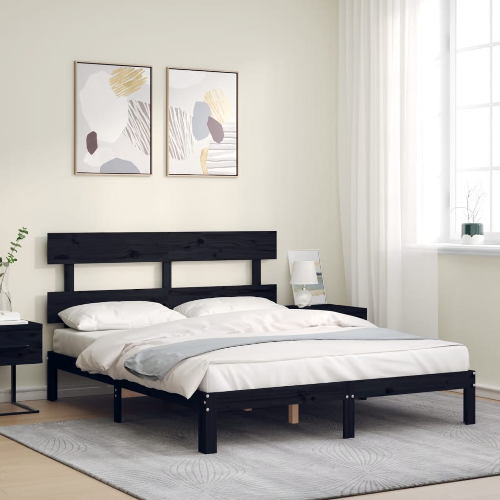 Berkfield Bed Frame with Headboard Black King Size Solid Wood