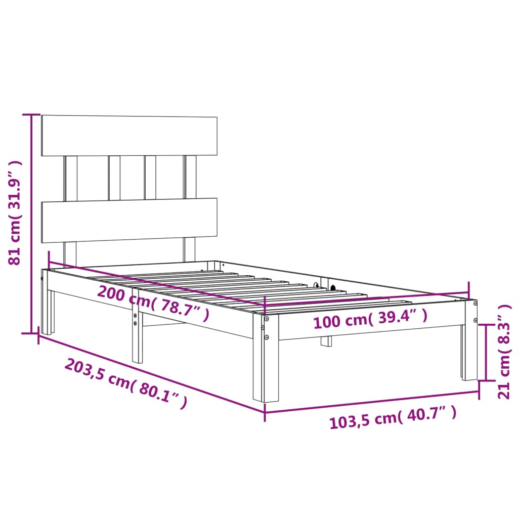 Berkfield Bed Frame with Headboard Black 100x200 cm Solid Wood