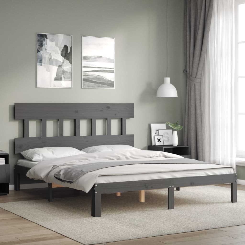 Berkfield Bed Frame with Headboard Grey King Size Solid Wood