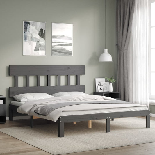 Berkfield Bed Frame with Headboard Grey King Size Solid Wood
