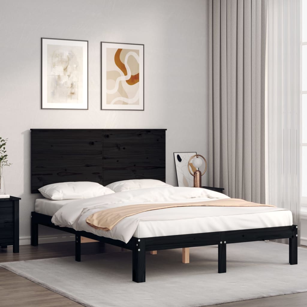 Berkfield Bed Frame with Headboard Black Double Solid Wood