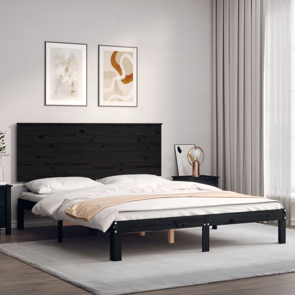 Berkfield Bed Frame with Headboard Black King Size Solid Wood
