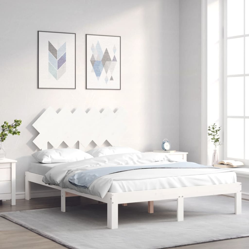 Berkfield Bed Frame with Headboard White Double Solid Wood
