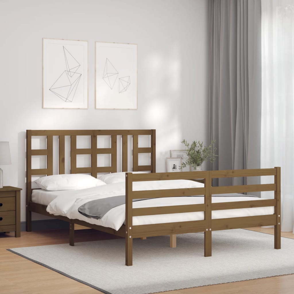 Berkfield Bed Frame with Headboard Honey Brown Double Solid Wood
