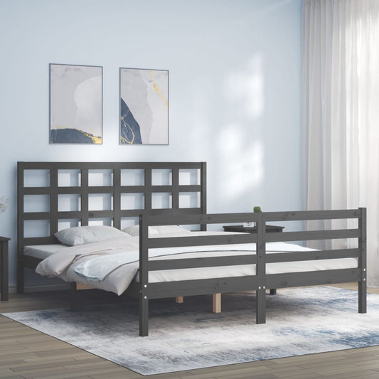 Berkfield Bed Frame with Headboard Grey King Size Solid Wood