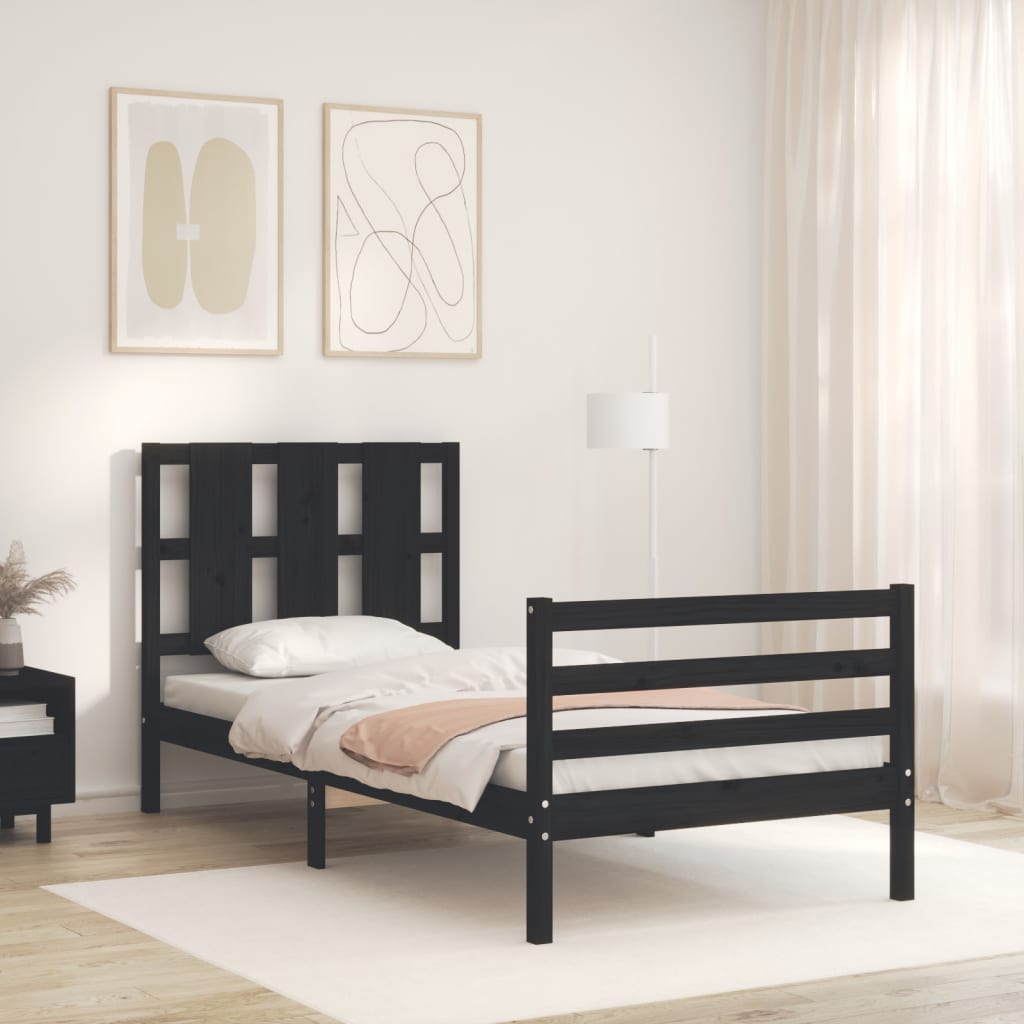 Berkfield Bed Frame with Headboard Black Single Solid Wood