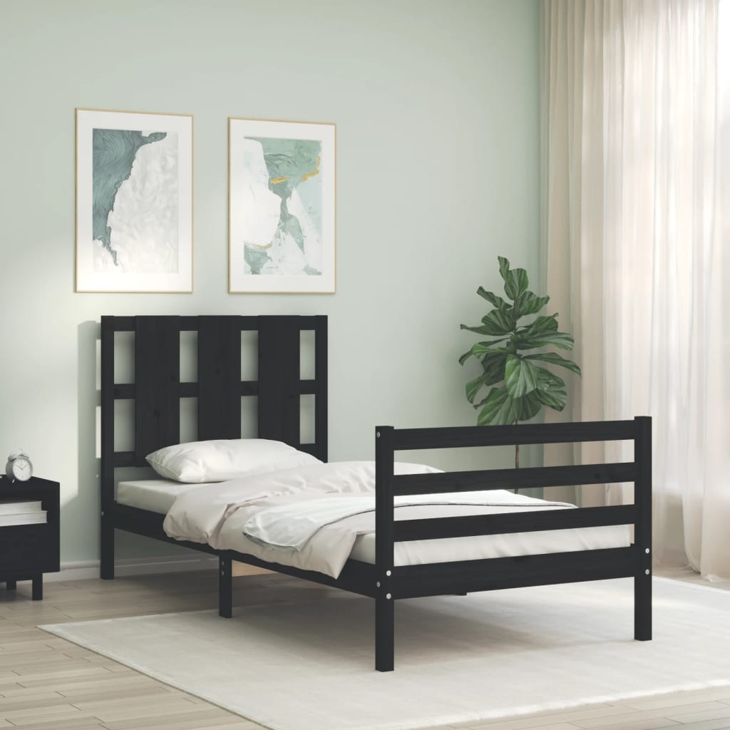 Berkfield Bed Frame with Headboard Black Single Solid Wood