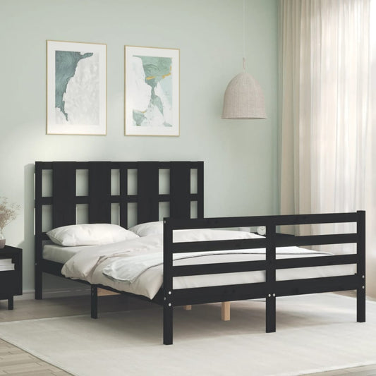 Berkfield Bed Frame with Headboard Black Small Double Solid Wood