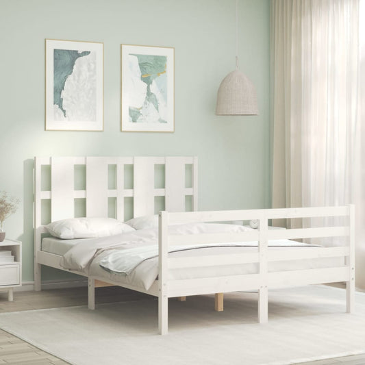 Berkfield Bed Frame with Headboard White Double Solid Wood