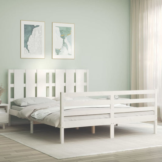 Berkfield Bed Frame with Headboard White King Size Solid Wood