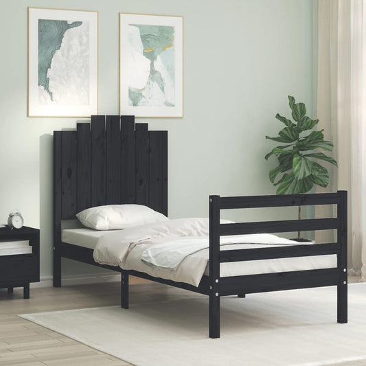 Berkfield Bed Frame with Headboard Black Small Single Solid Wood