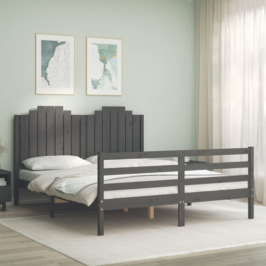 Berkfield Bed Frame with Headboard Grey King Size Solid Wood