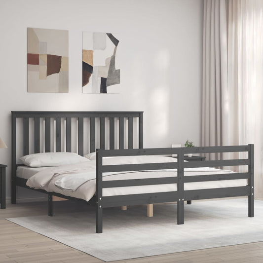 Berkfield Bed Frame with Headboard Grey King Size Solid Wood