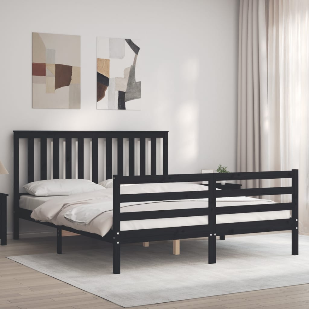Berkfield Bed Frame with Headboard Black King Size Solid Wood