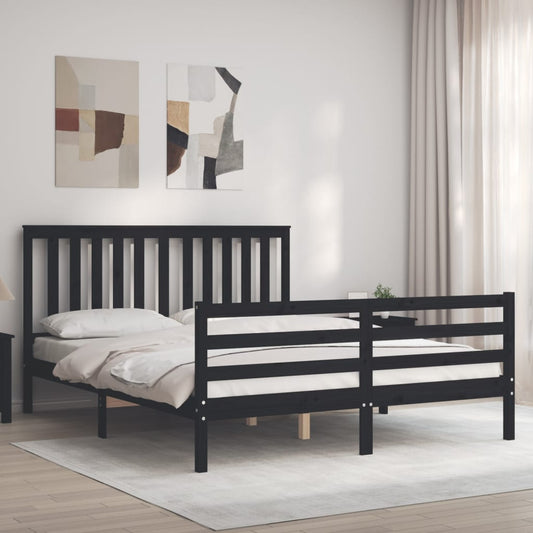 Berkfield Bed Frame with Headboard Black King Size Solid Wood