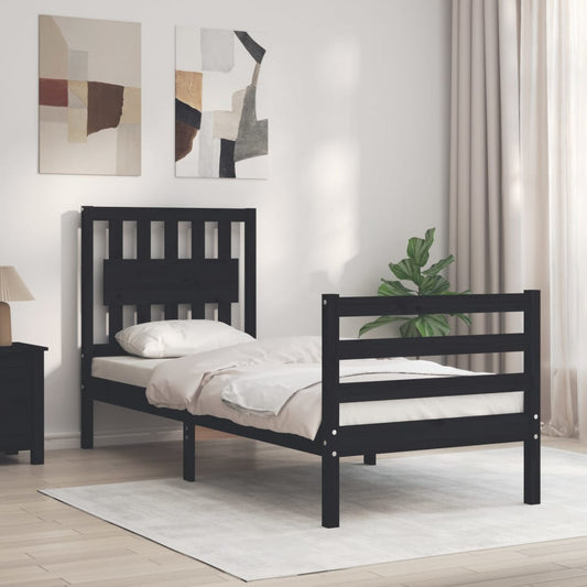 Berkfield Bed Frame with Headboard Black Small Single Solid Wood