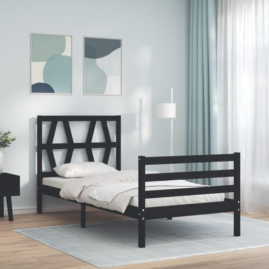Berkfield Bed Frame with Headboard Black Small Single Solid Wood