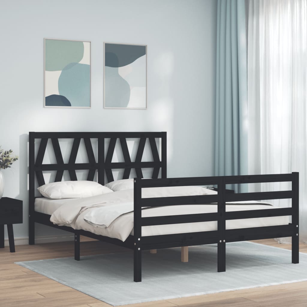 Berkfield Bed Frame with Headboard Black Small Double Solid Wood